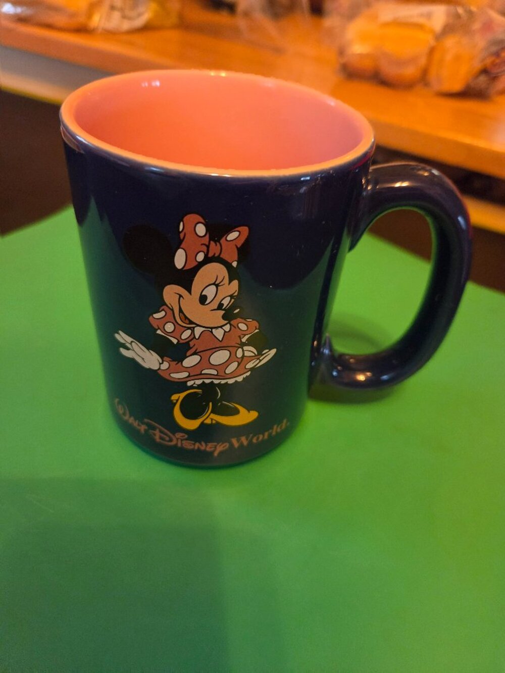 vintage walt disney navy blue ceramic mug with minnie mouse with pink interior